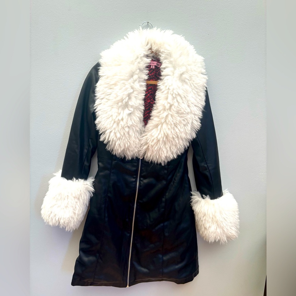 Bratz x Dolls Kill fur trimmed black vegan leather coat